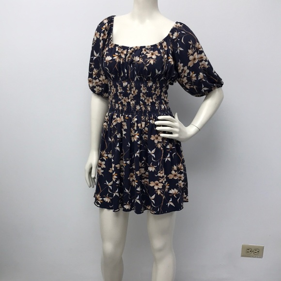 Large Navy Blue Floral Dress with Smocked Waist - Picture 10 of 10